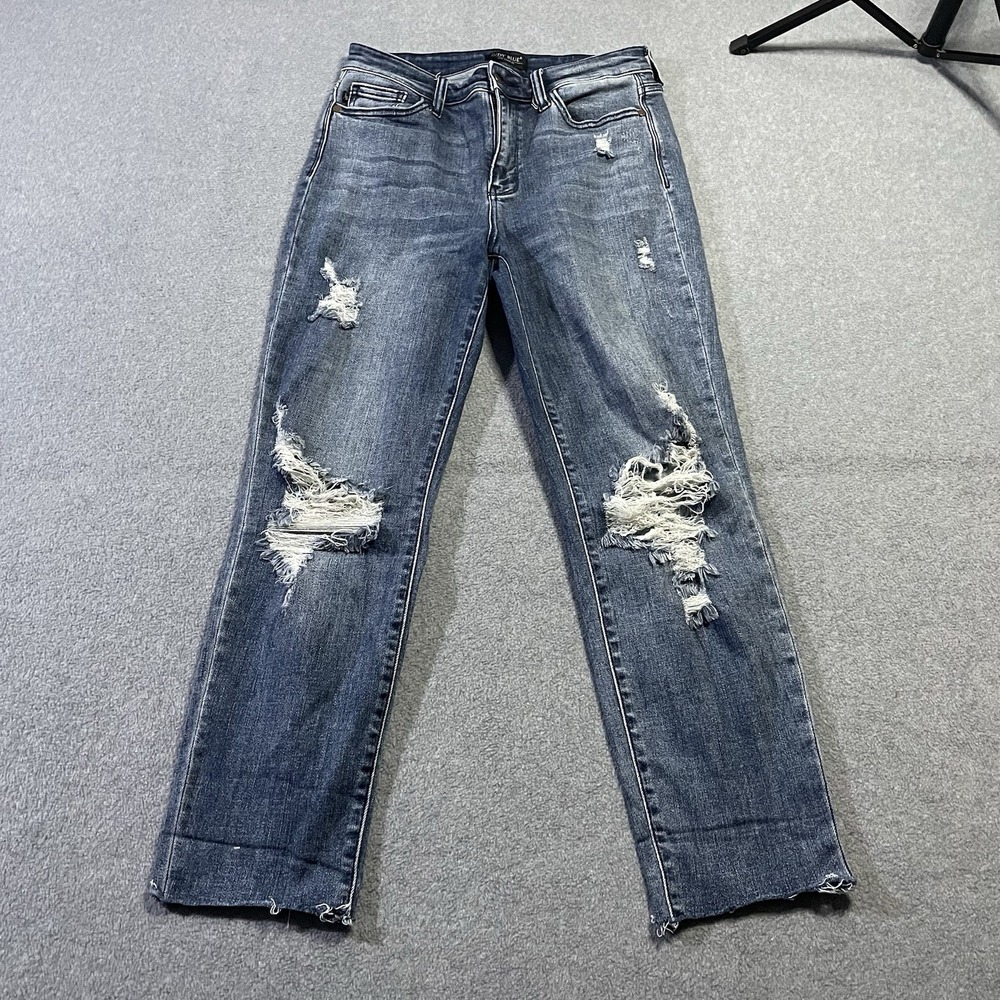 Judy Blue Boyfriend Jeans 5/27 High Rise Distressed Dark Wash Denim JB82332DK